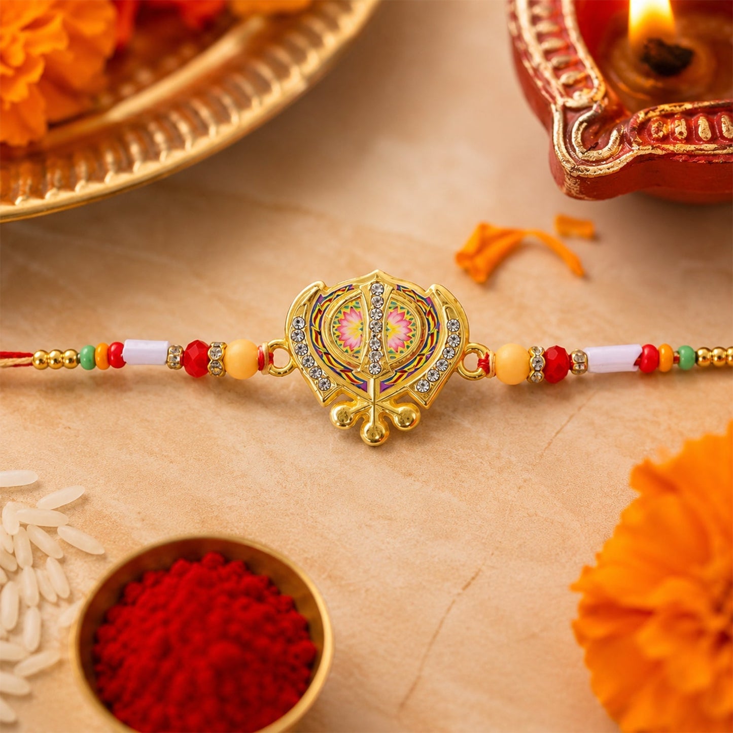 Khanda Rakhi for Brother Multicolor Enamel & Stone Design (10pcs)