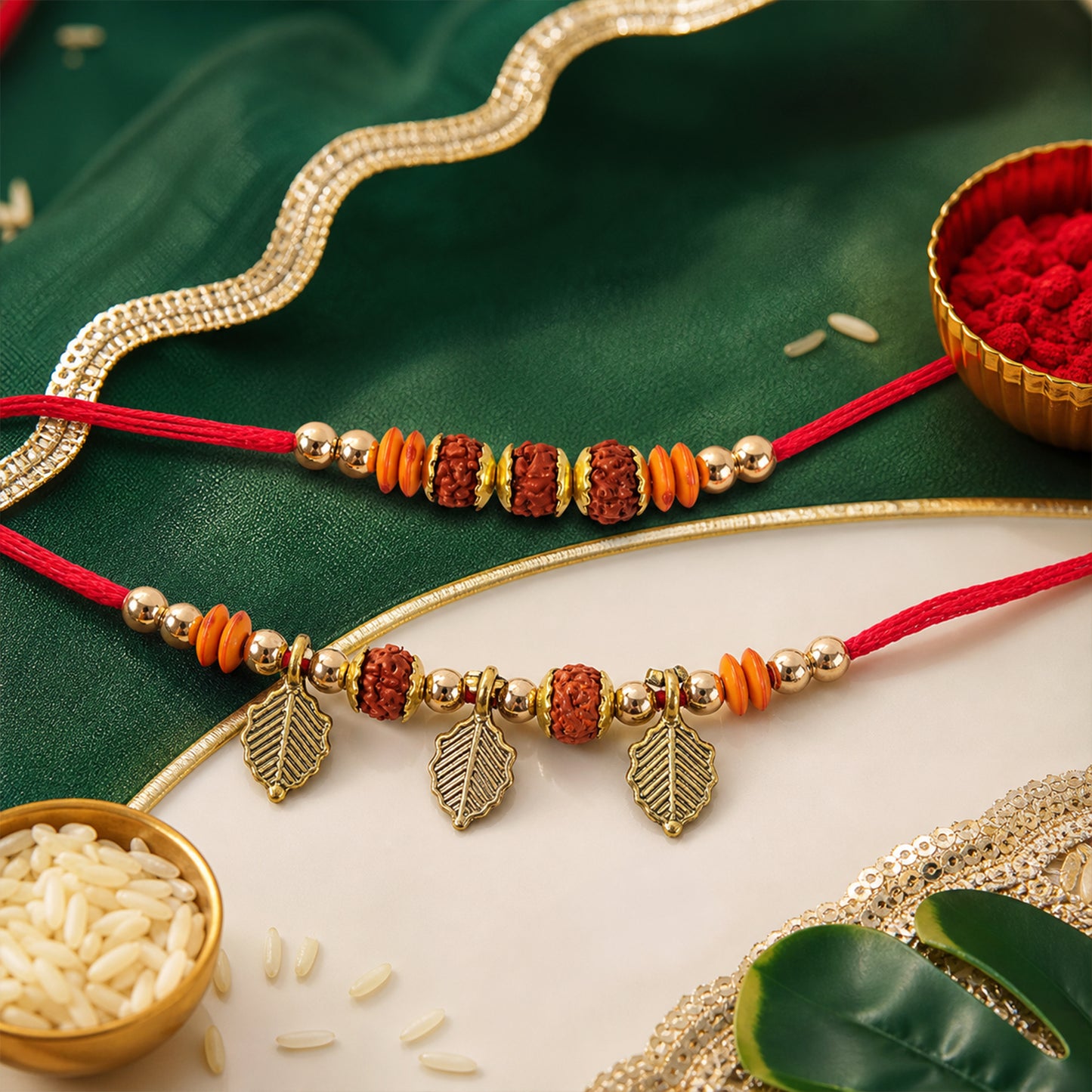 Couple Rakhi Set with Rudraksha Beads, Orange Spacers and Leaf Charms