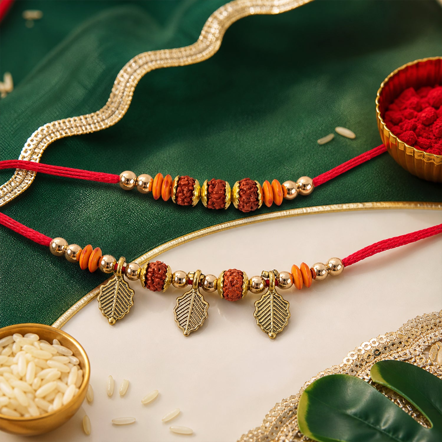 Couple Rakhi Set with Rudraksha Beads, Orange Spacers and Leaf Charms