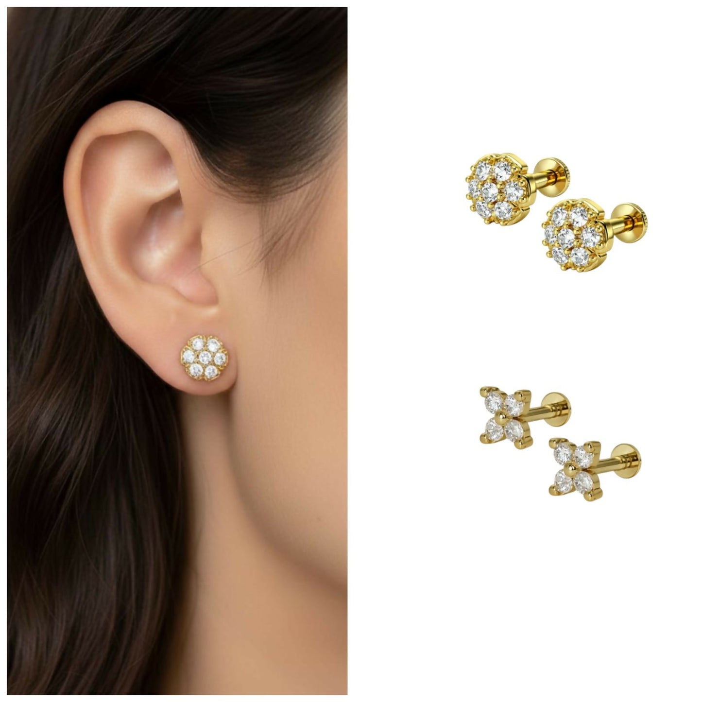 Close-up of gold plated flower crystal stud earrings with dainty 4-stone petal cross design