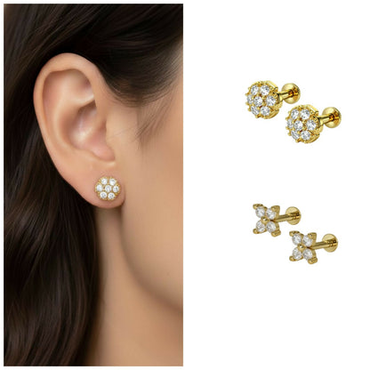 Close-up of gold plated flower crystal stud earrings with dainty 4-stone petal cross design