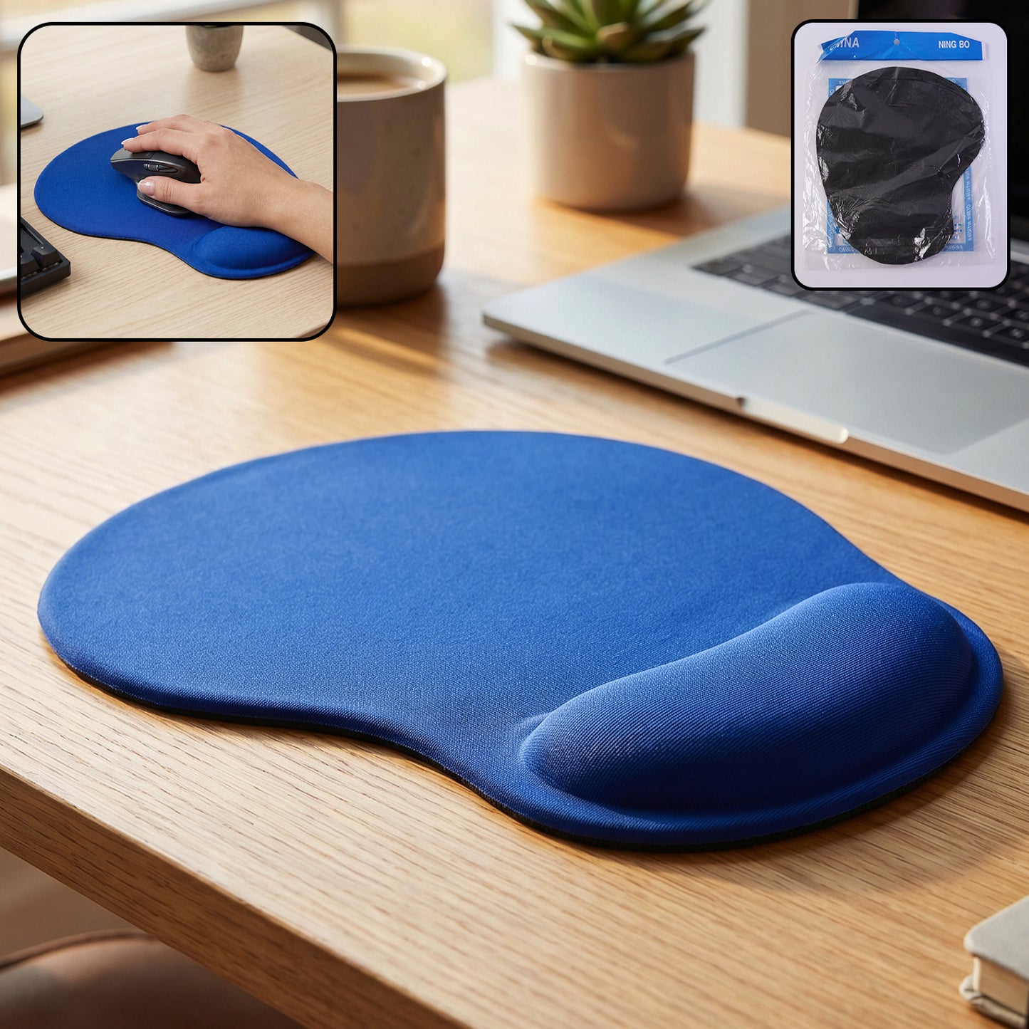Blue ergonomic wrist mouse pad with soft support cushion