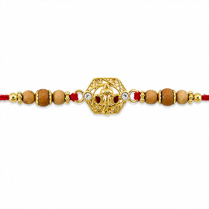 Ganesh Temple Devotional Rakhi with Golden Centre, Wooden Beads and Red Thread