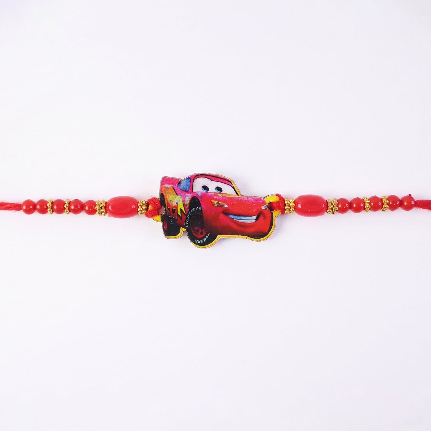 Red Racing Car Kids Rakhi with Gold Beads and Red Thread