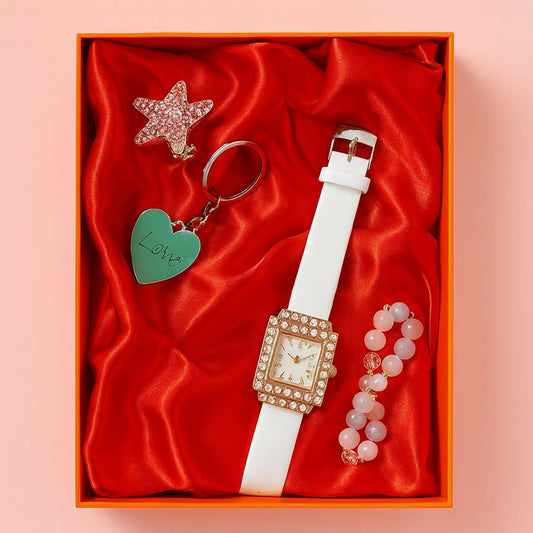 Women’s Luxury Analog Watch with Sparkling Dial, Bracelet & Keychain Combo | Elegant Square Dial Wrist Watch with Crystal Studs | Fashion Gift Set for Girls, Ladies & Women