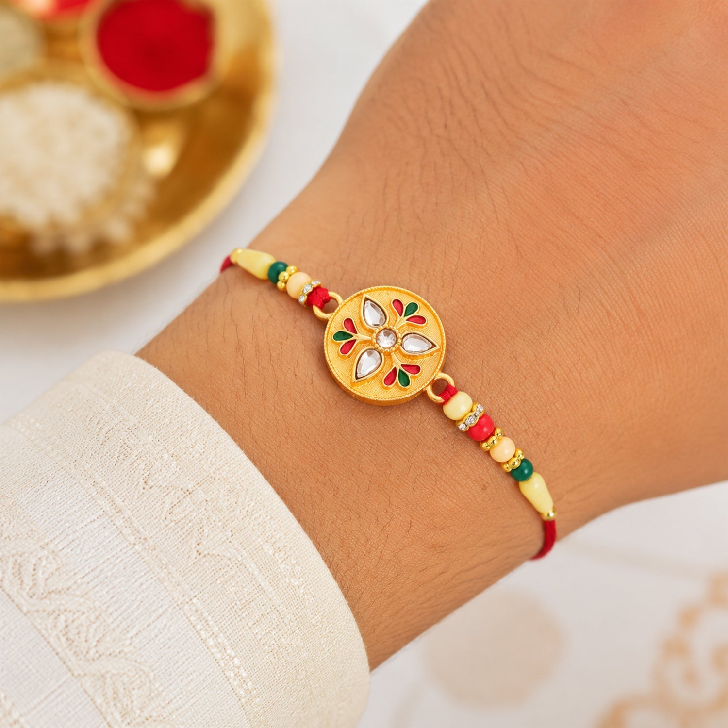 Kalash Rakhi Sacred Design with Embellished Beads & Red Thread (5pcs)