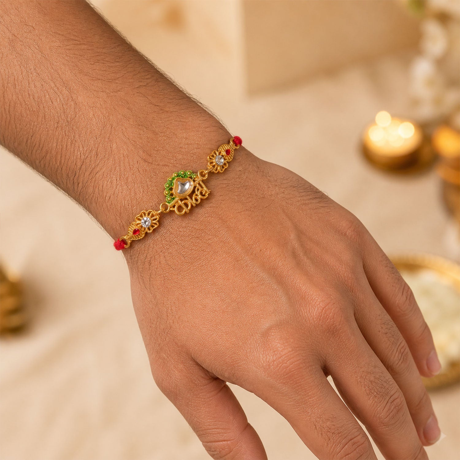 Elegant Rakhi showcasing Personalized Name Script, gold trims and wrist look for Gift
