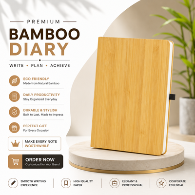Natural Bamboo Cover Diary with Pen Loop for Journaling, Office Notes and Gifting
