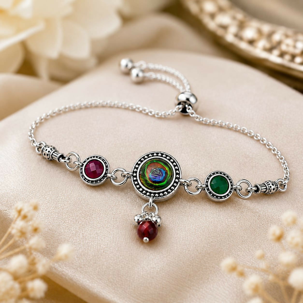 An antique silver adjustable bracelet with a peacock eye cabochon and maroon and green side stones lies on a light brown