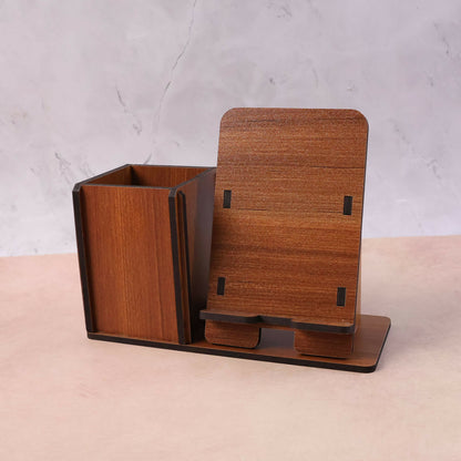 Wooden desk organizer holding smartphone and tablet