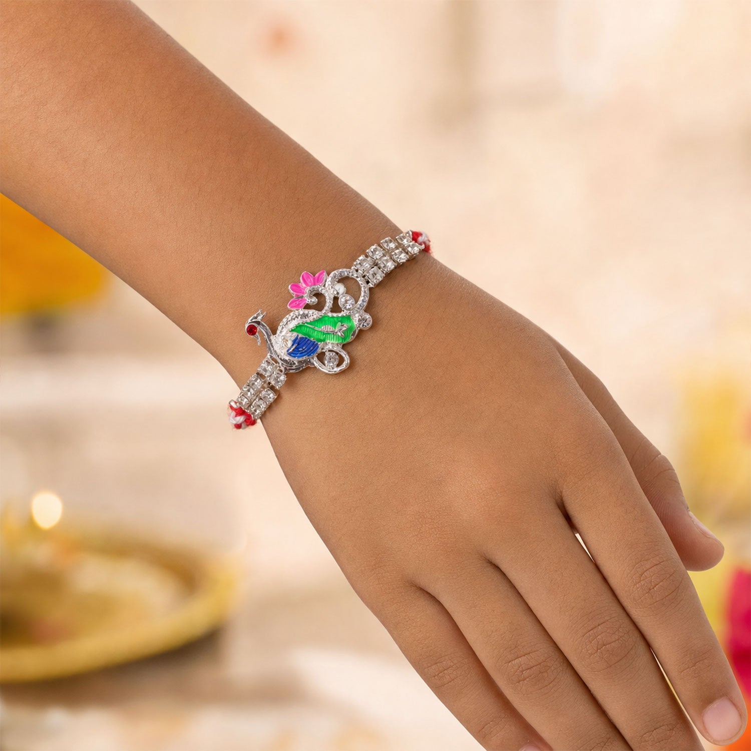 Classic Rakhi with Peacock Swirl Charm, crystal sparkle and thread look for Gifting