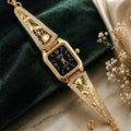 Luxury Gold-Tone Crystal Leaf Bracelet Watch for Women – Black Square Dial Elegant Fashion Wristwatch