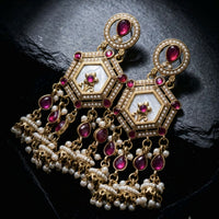 Regal Indian Bridal Statement Earrings with Ruby Red Gemstones and Delicate Pearl Hangings