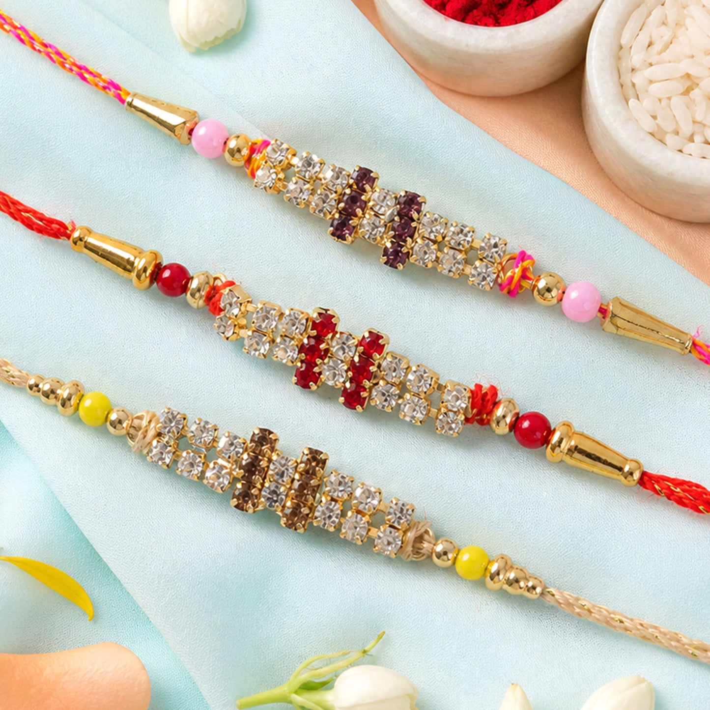 Twin Stone Band Rakhi in Mix Colour Silk Threads (Pack of 6)