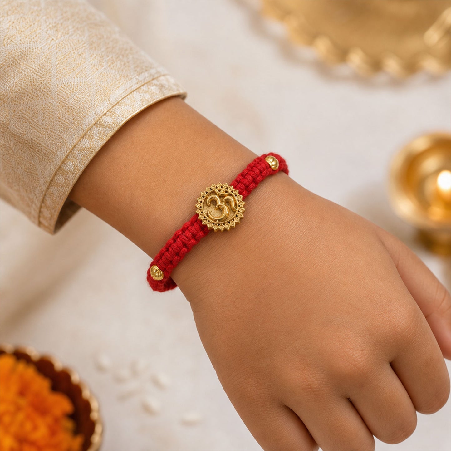 Red Thread Rakhi with an Antique Gold Om Pendant and Beaded Accents