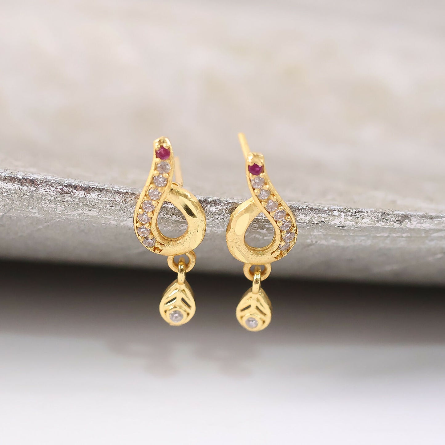 Minimal Curved Leaf Gold Earrings With Crystal Line Work And Small Drop Detailing