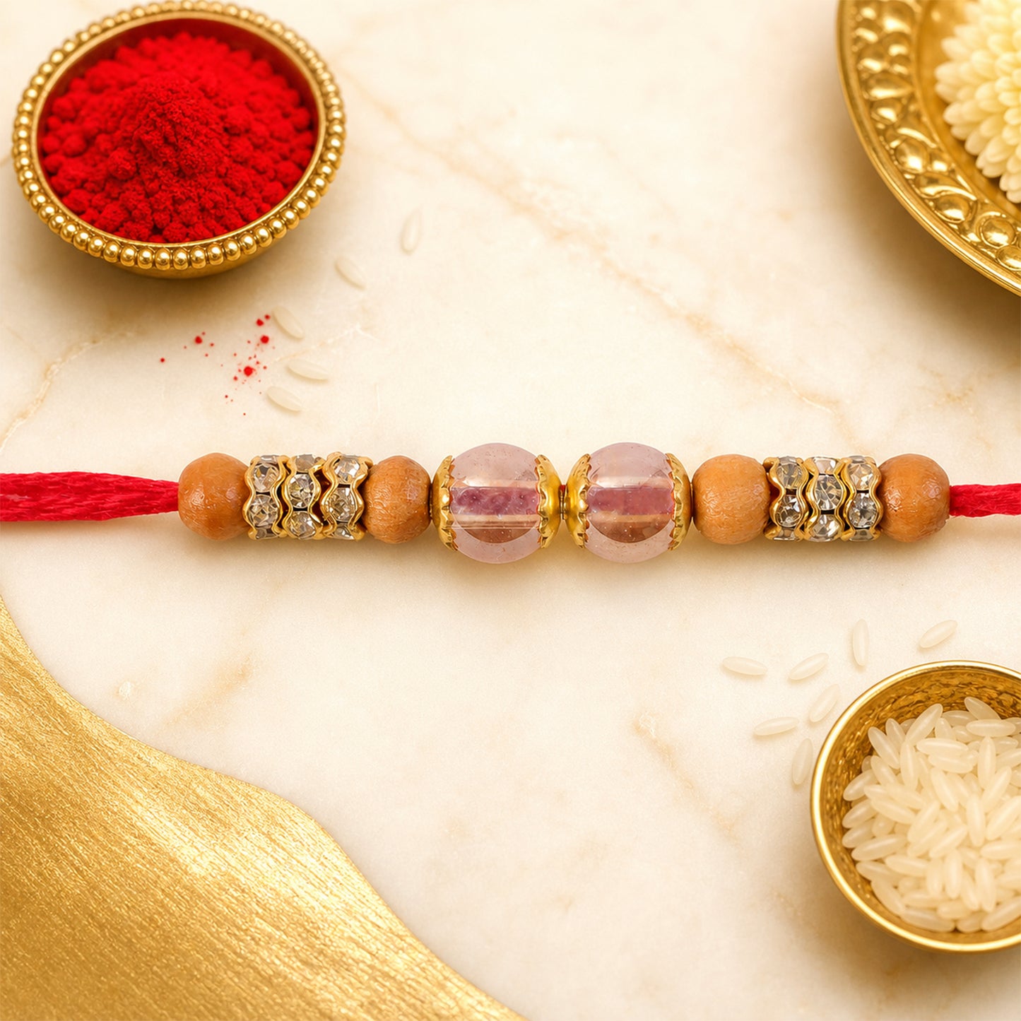 Red Thread Rakhi with Wooden Bead and Dusty-Pink Crystal Accents