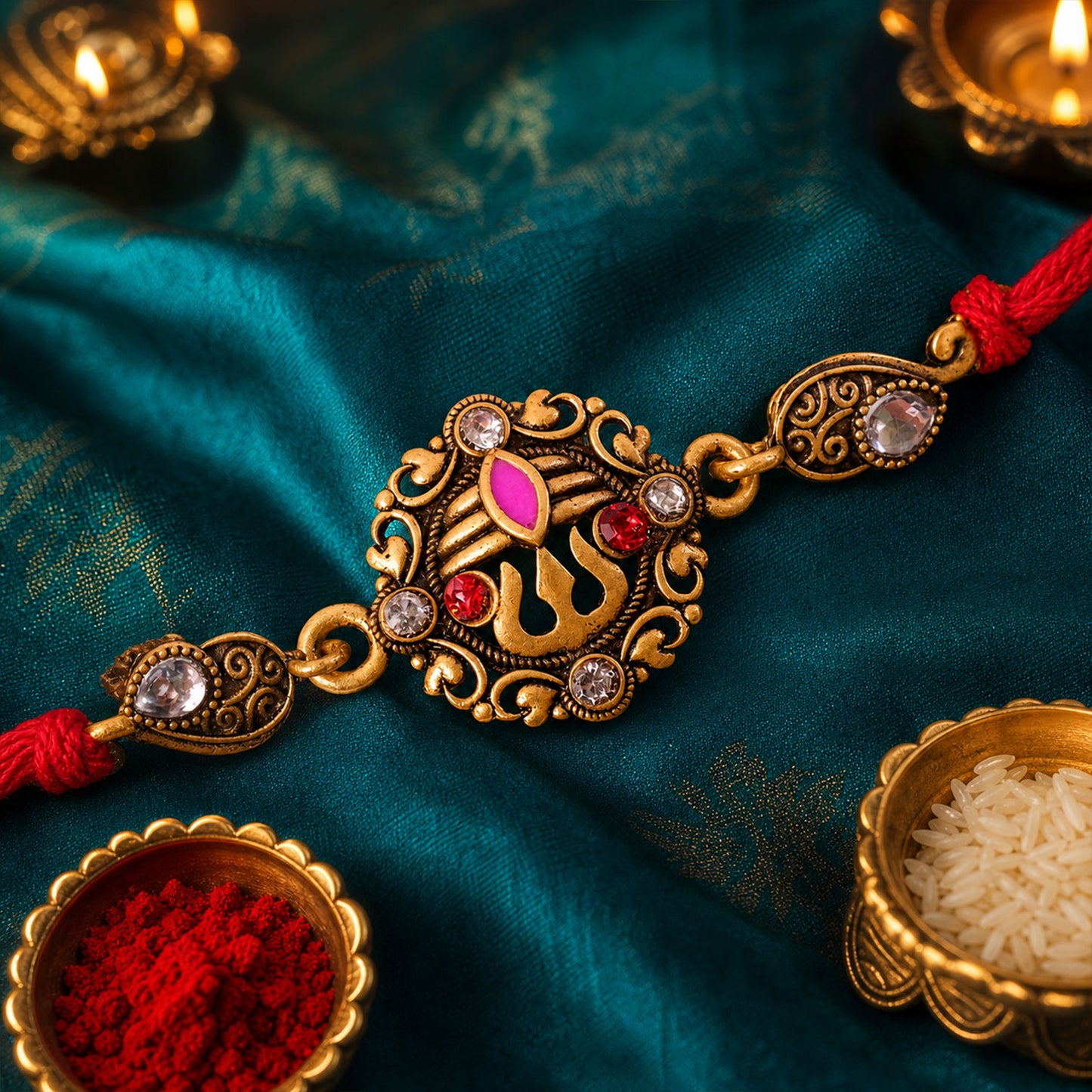 Premium Rakhi showcasing Ornate Floral Medallion, gold trims and gift style for Gift