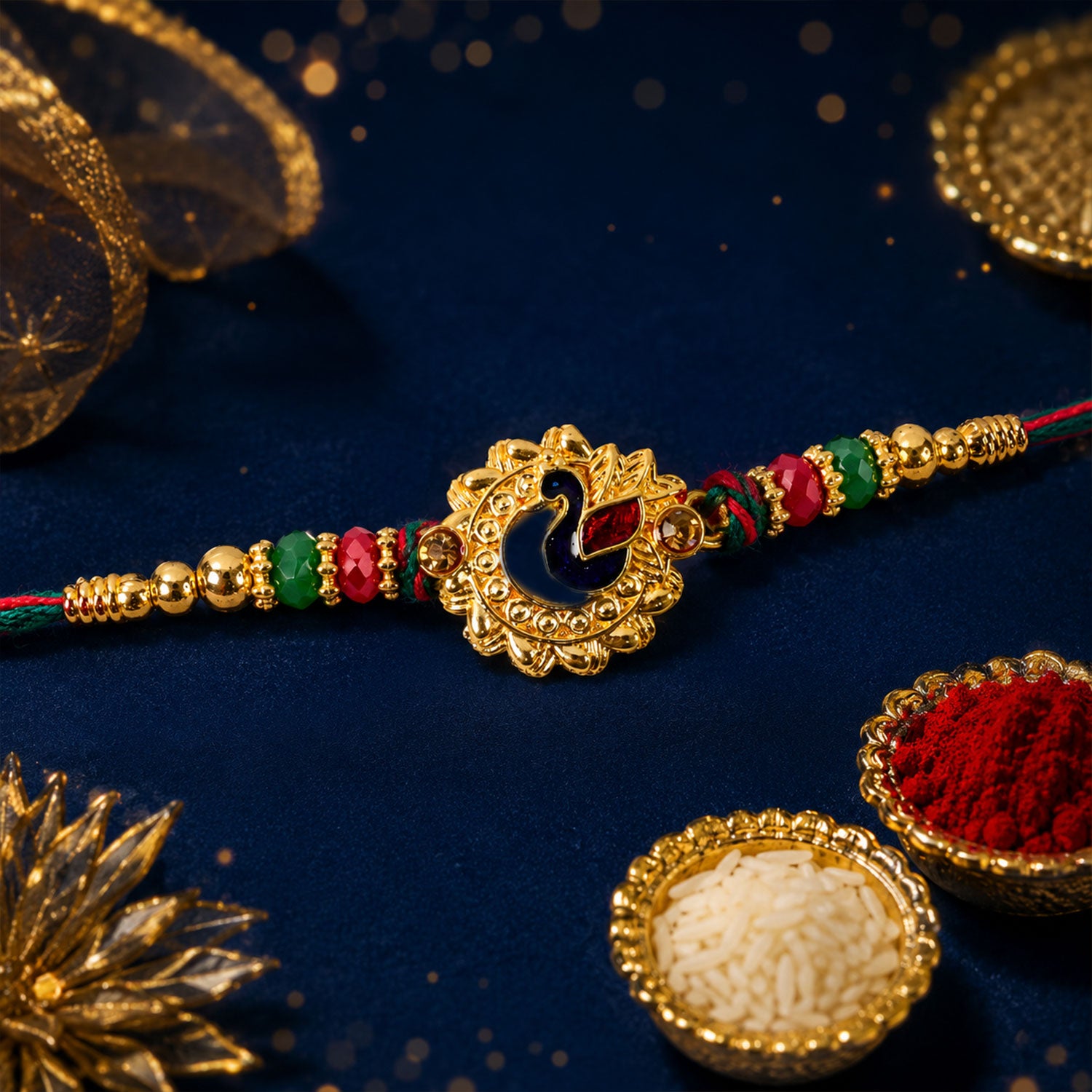Peacock Floral Golden Rakhi with Blue Green Enamel, Red Beads and Decorative Centre