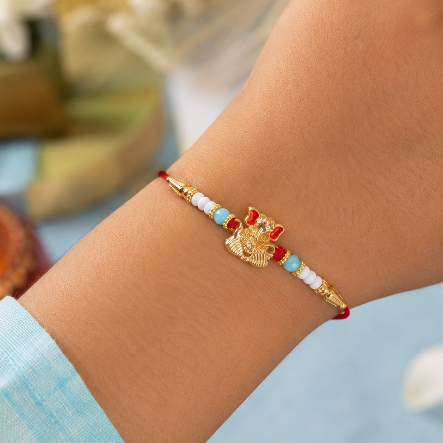Golden Ganesha Rakhi Aqua Blue Beaded Thread for Brother (5pcs)