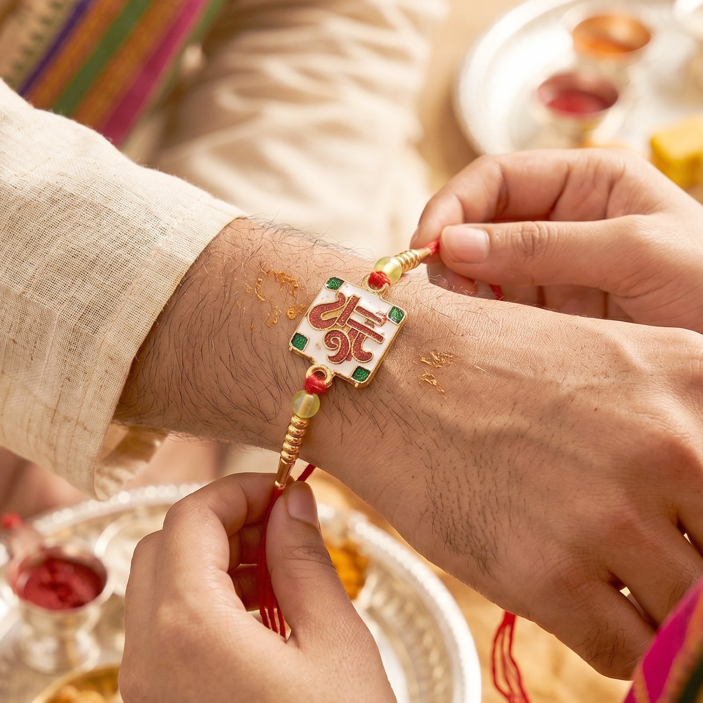 Shree Symbol Square Rakhi with Green Stones and Gold Beads