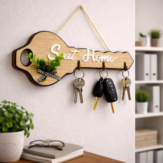 Wooden Key Shape Key Holder Wall Mount with 4 Hooks Organizer