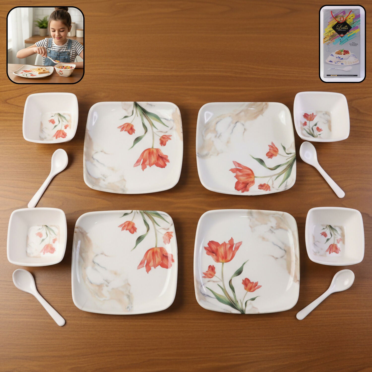 Lotus 12-piece floral melamine dinner set full view