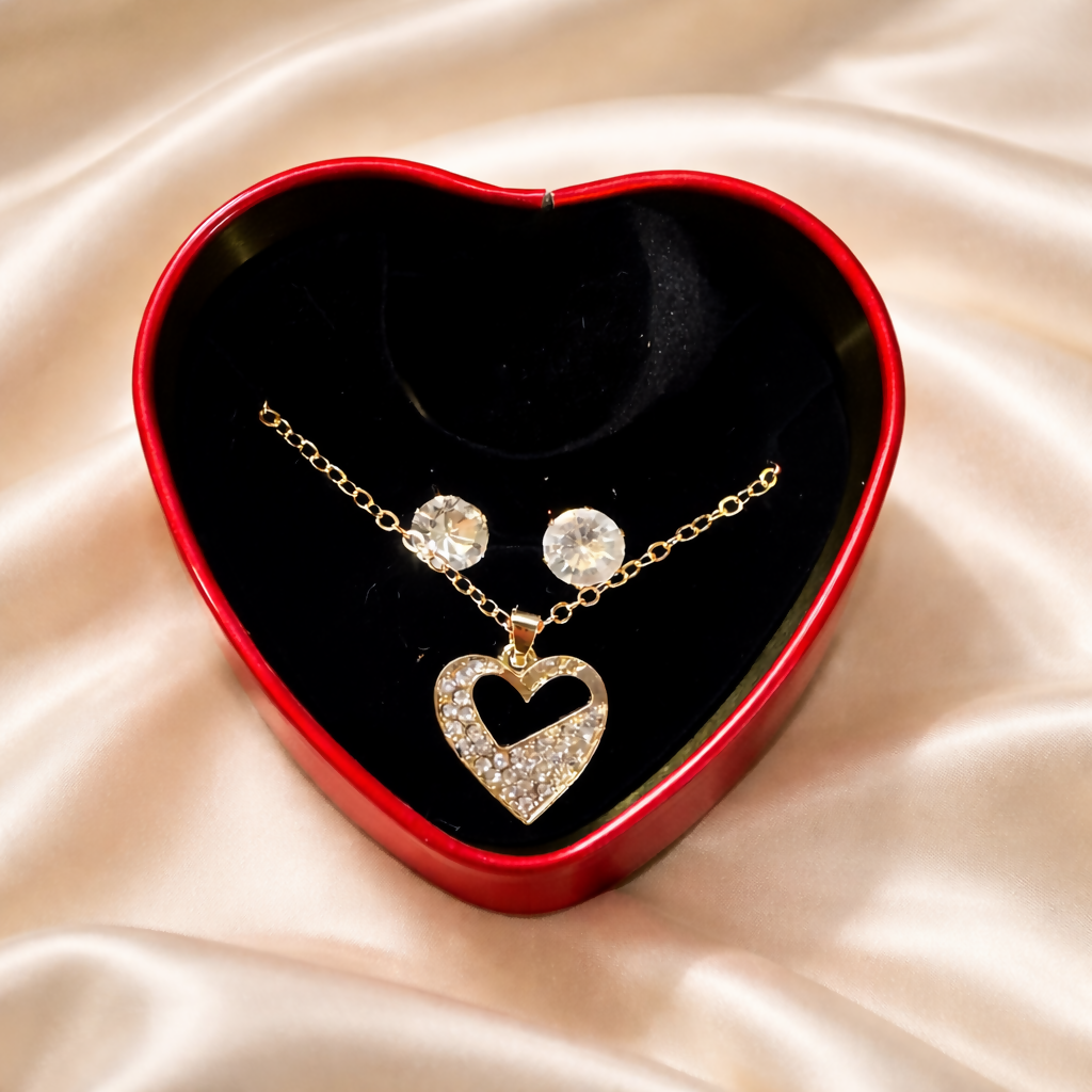 Heart Pendant Necklace Gift Set with Decorative Heart Box for Gifting ( DESIGN MAY VARY OF THE NECKLACE)
