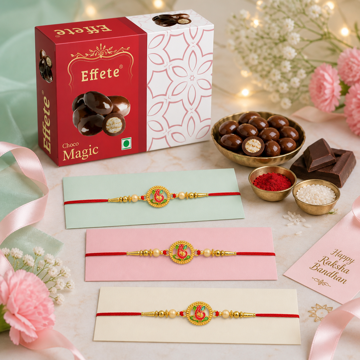 Lord Ganesha Meenakari Pearl Rakhi with Choco Magic, Pack of 3