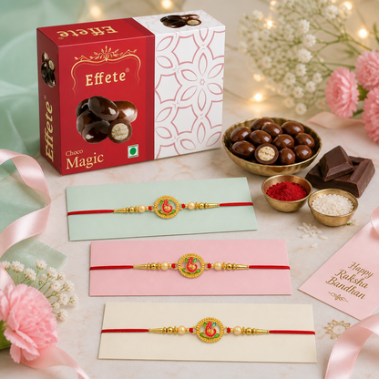 Lord Ganesha Meenakari Pearl Rakhi with Choco Magic, Pack of 3