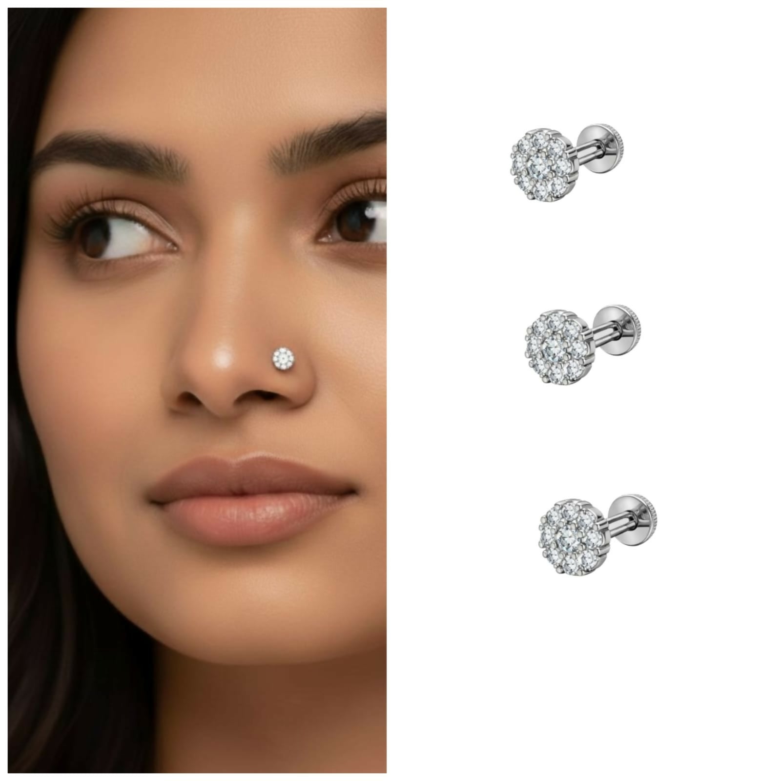 Silver plated sparkling crystal floral cluster nose pin combo pack of 3 for women and girls