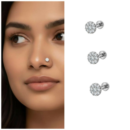 Silver plated sparkling crystal floral cluster nose pin combo pack of 3 for women and girls