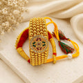 Antique Gold Metallic Mesh Poochi Cuff with Adjustable Dori & Pearl Toggle