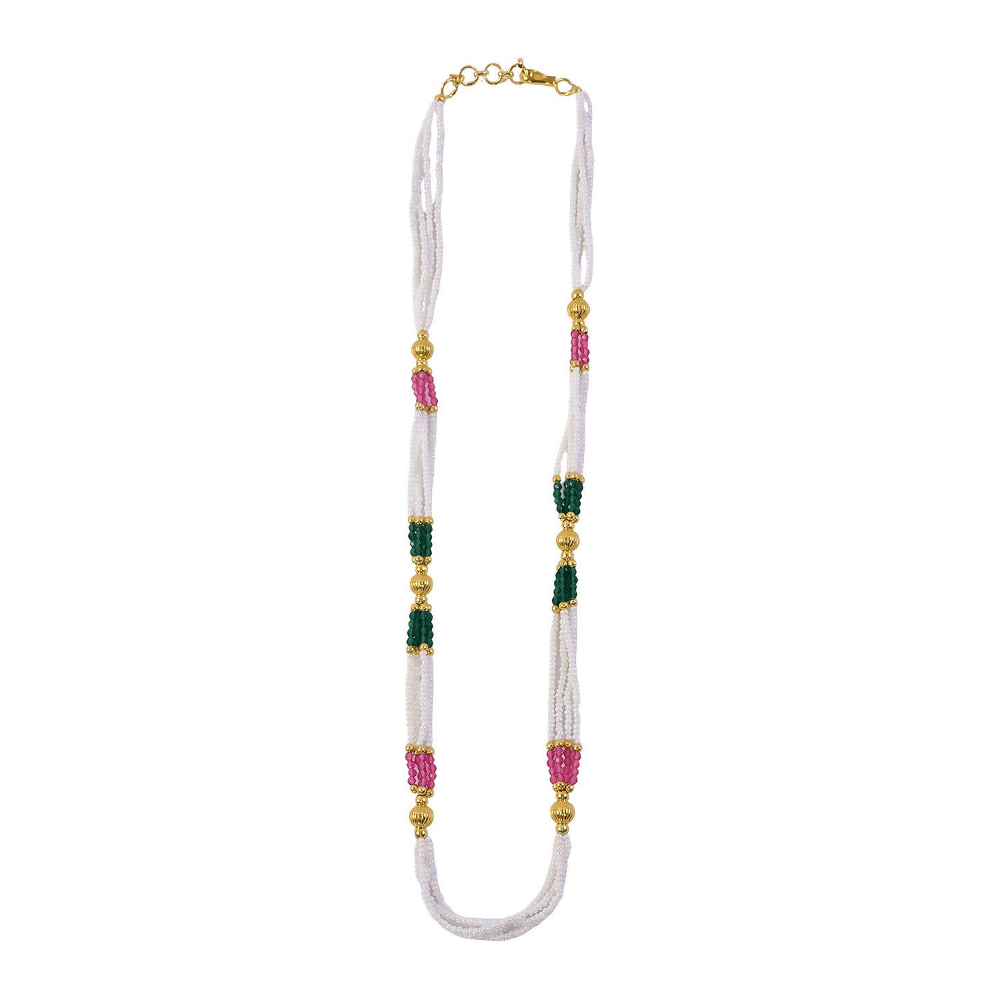 Detailed shot of pink and green beads in the traditional mala necklace