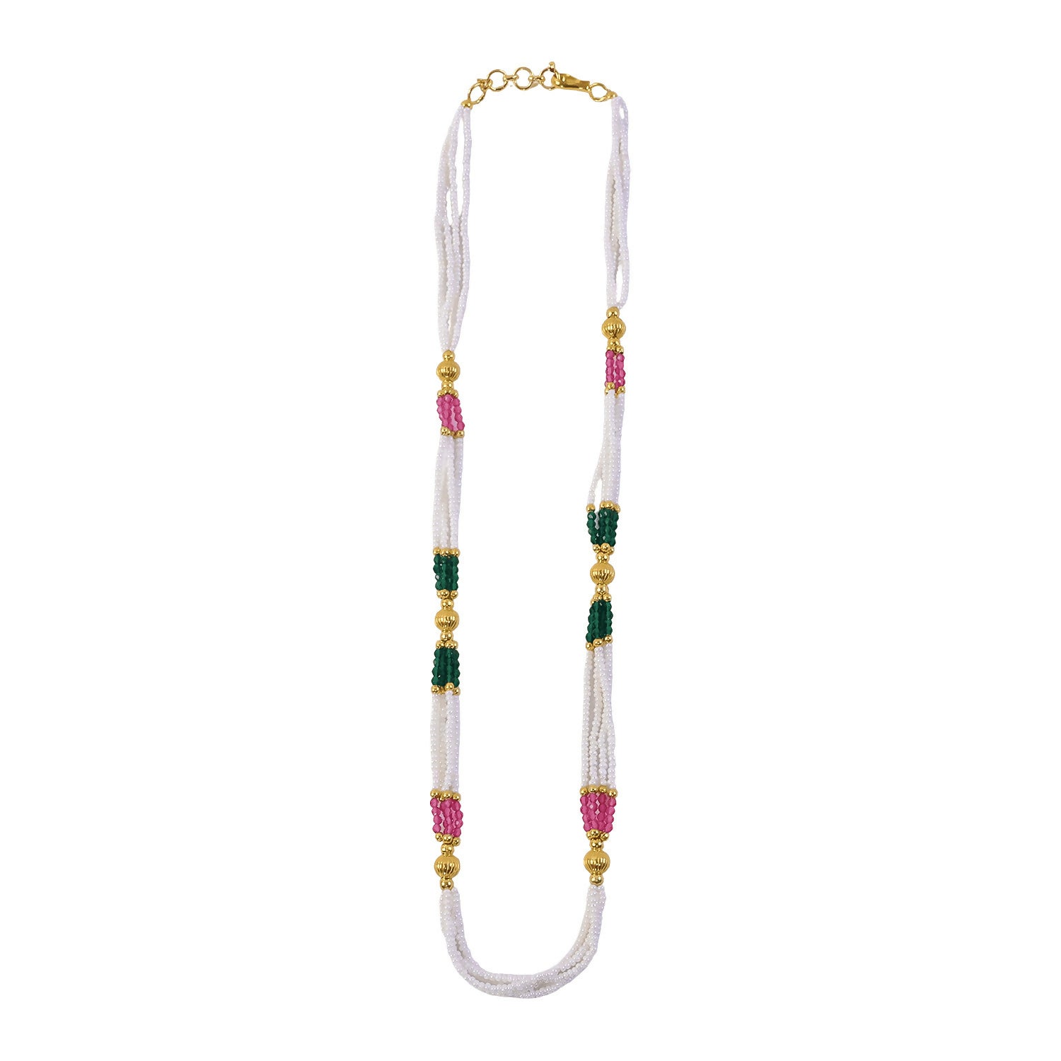 Detailed shot of pink and green beads in the traditional mala necklace