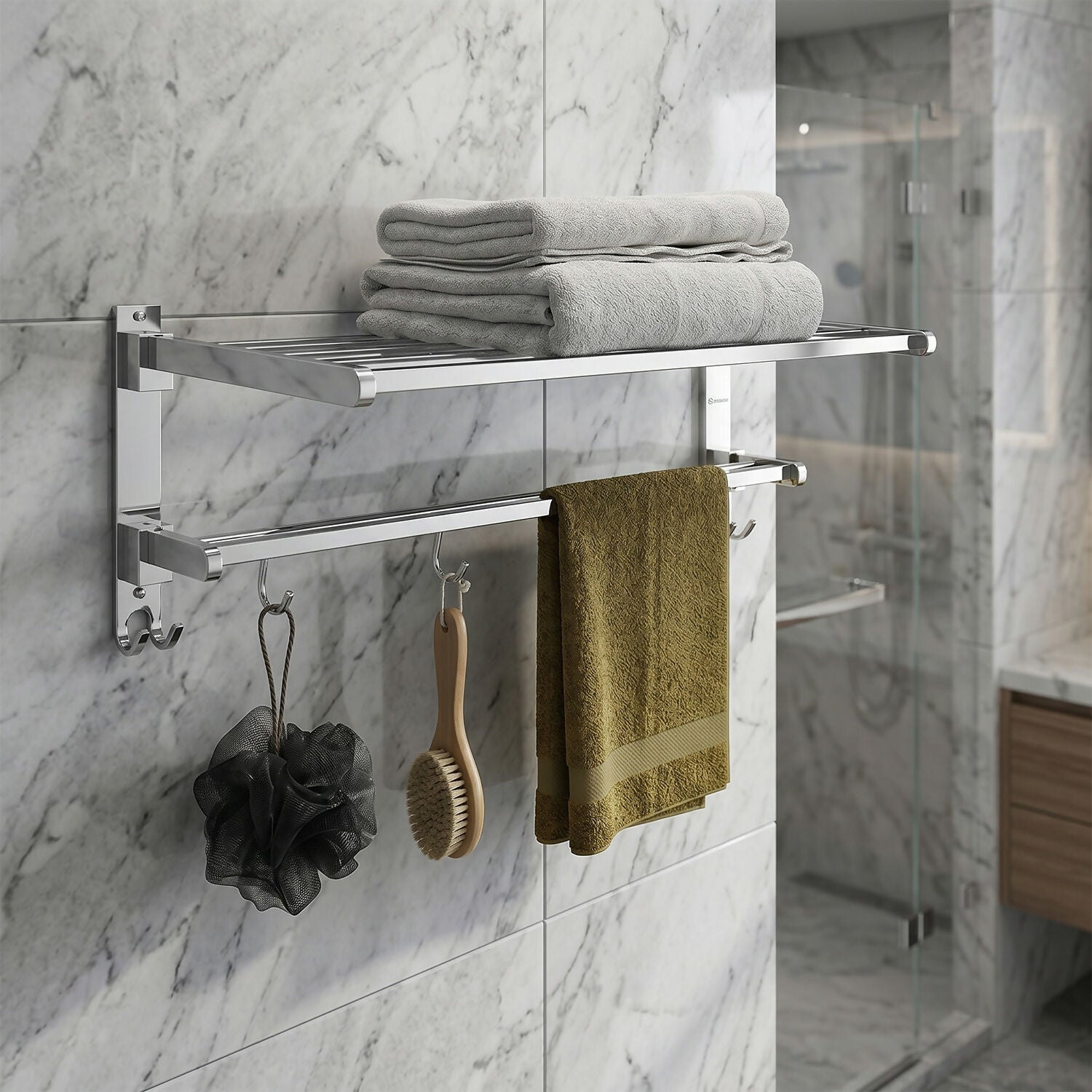 Modern minimalist bathroom with mounted towel rack