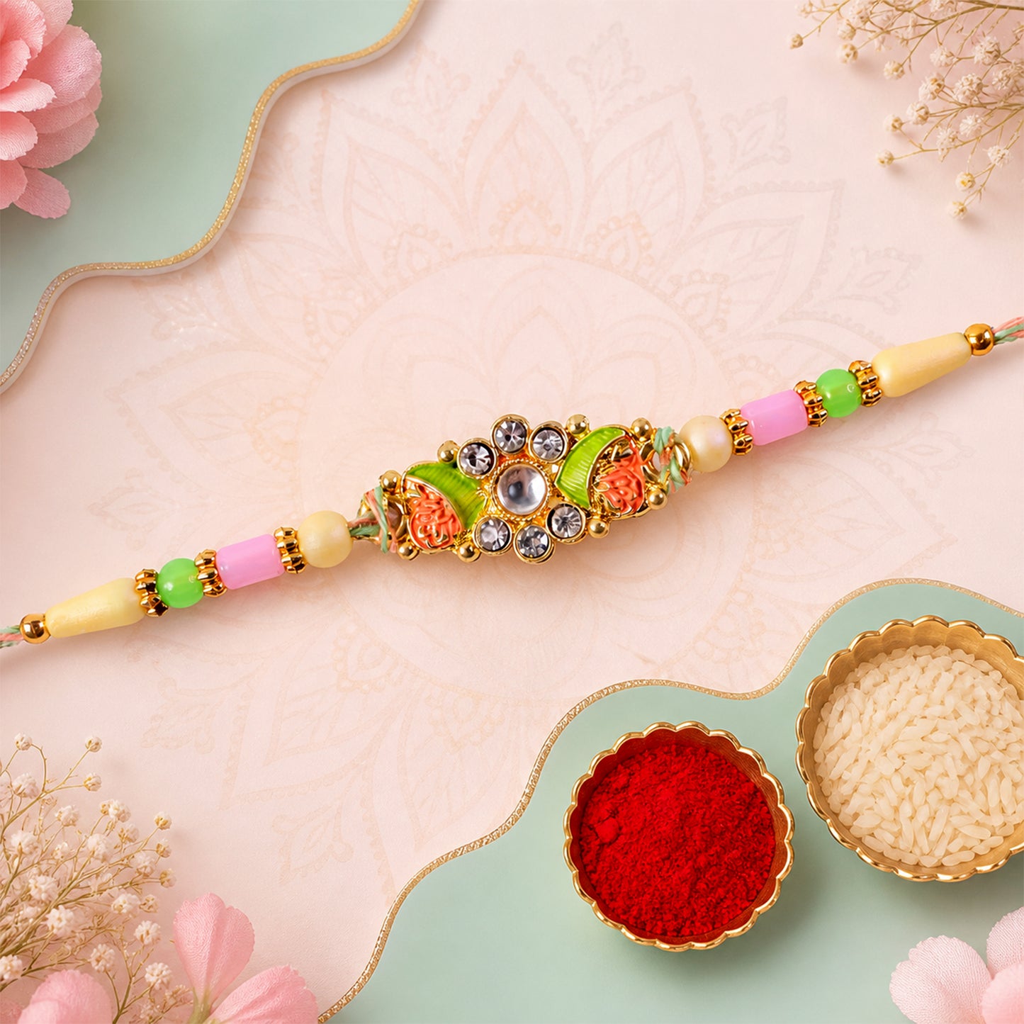 Ornate Rakhi featuring Floral Mirror Medallion, bead line and chain look for Gift Use