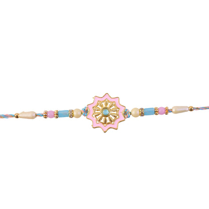 Pastel Floral Charm Rakhi with Pink Blue Beads and Elegant Festive Gift Styling Ideas