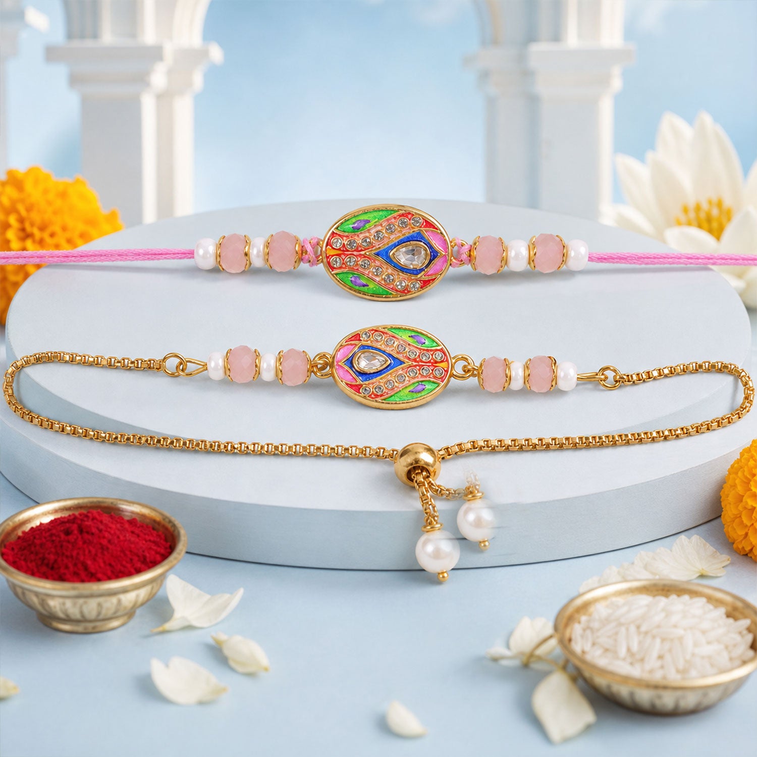Oval Kundan Meenakari Studded Crystal Pearl Beads Bhai Bhabhi Rakhi Lumba