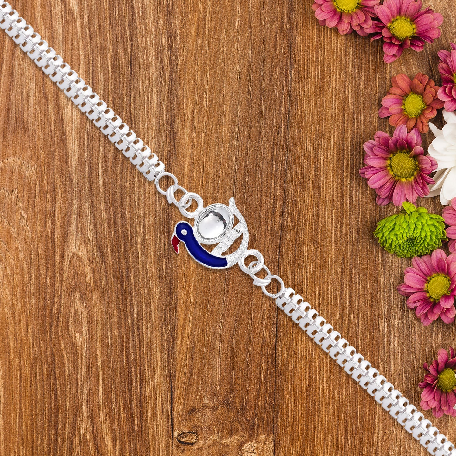 Peacock Rakhi Blue Enamel Silver Design for Brothers (10pcs)