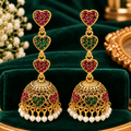 Traditional Gold Tone Heart Design Jhumka Earrings for Women & Girls with Red Green Stones and Pearl Drops