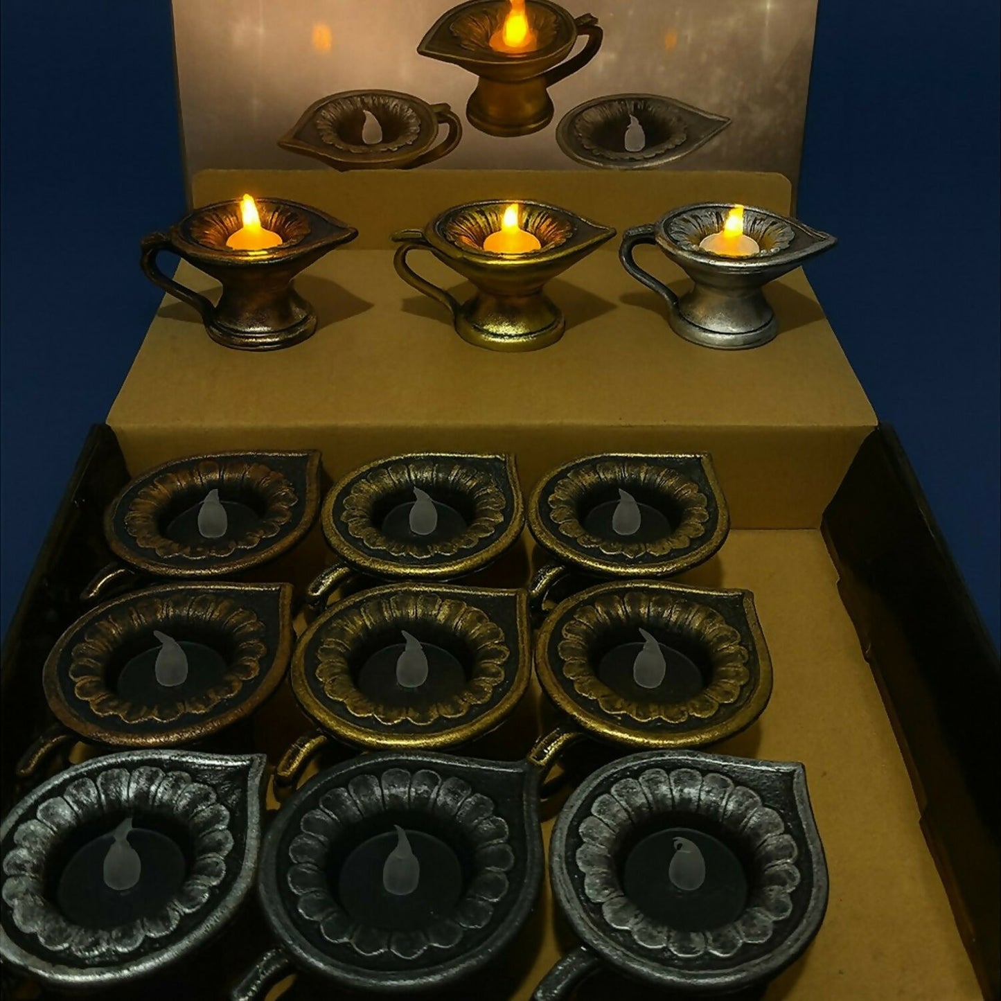Set of 12 Vintage LED Diya Lamps | Battery Operated Flameless Pooja Lights | Antique Finish Decorative Deepak for Diwali, Navratri, Temple, Wedding & Home Décor