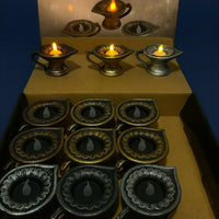 Set of 12 Vintage LED Diya Lamps | Battery Operated Flameless Pooja Lights | Antique Finish Decorative Deepak for Diwali, Navratri, Temple, Wedding & Home Décor