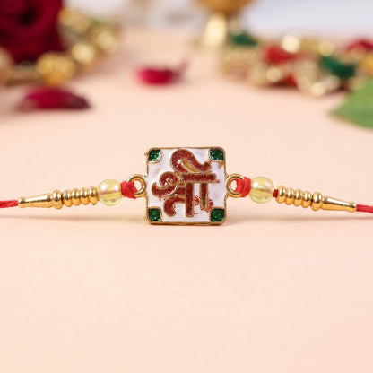 Shree Symbol Square Rakhi with Green Stones and Gold Beads