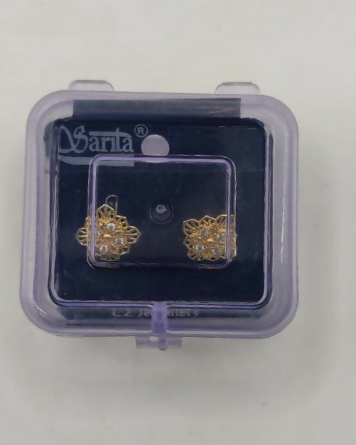 Gold plated floral square stud earrings featuring sparkling zircon stones in center