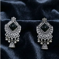 Oxidised Silver-Tone Jhumka Earrings with Black Square Accents and Floral Studs for Ethnic Wear