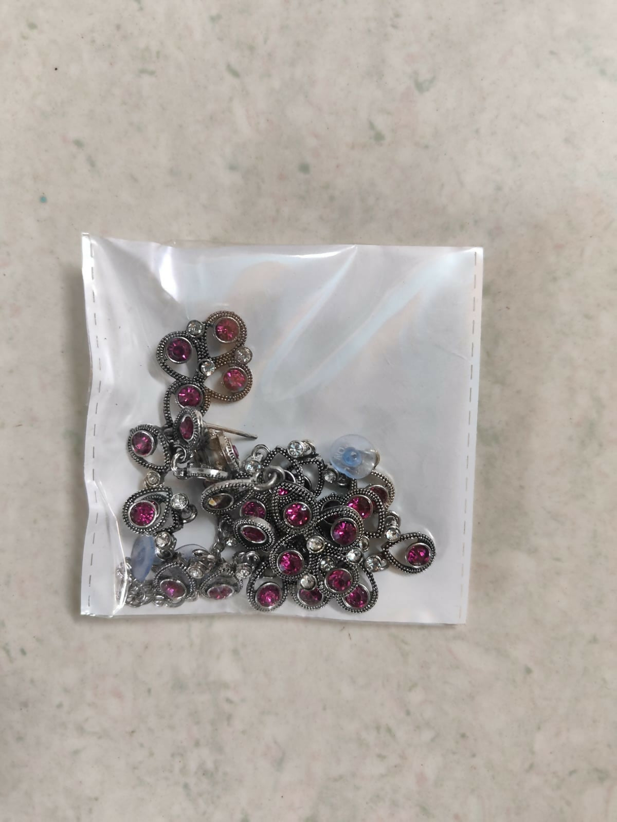 Antique Silver-Toned Choker Set with Fuchsia Pink Stones