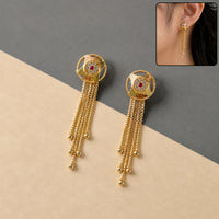 Gold Circular Dangle Earrings, Multi-Strand Chain Tassels & Floral Gemstone Centerpiece