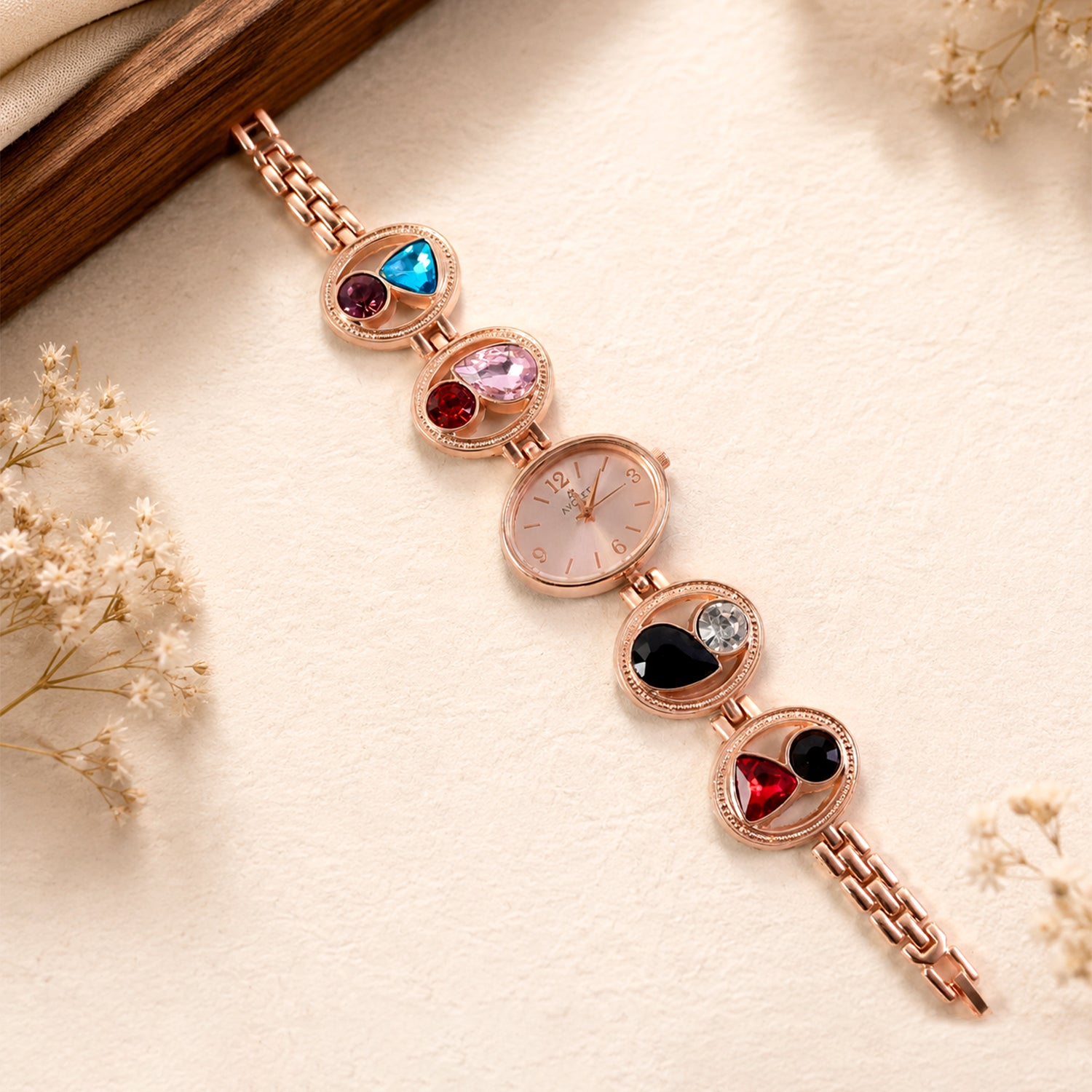 Side profile of the elegant women's rose gold watch bracelet.