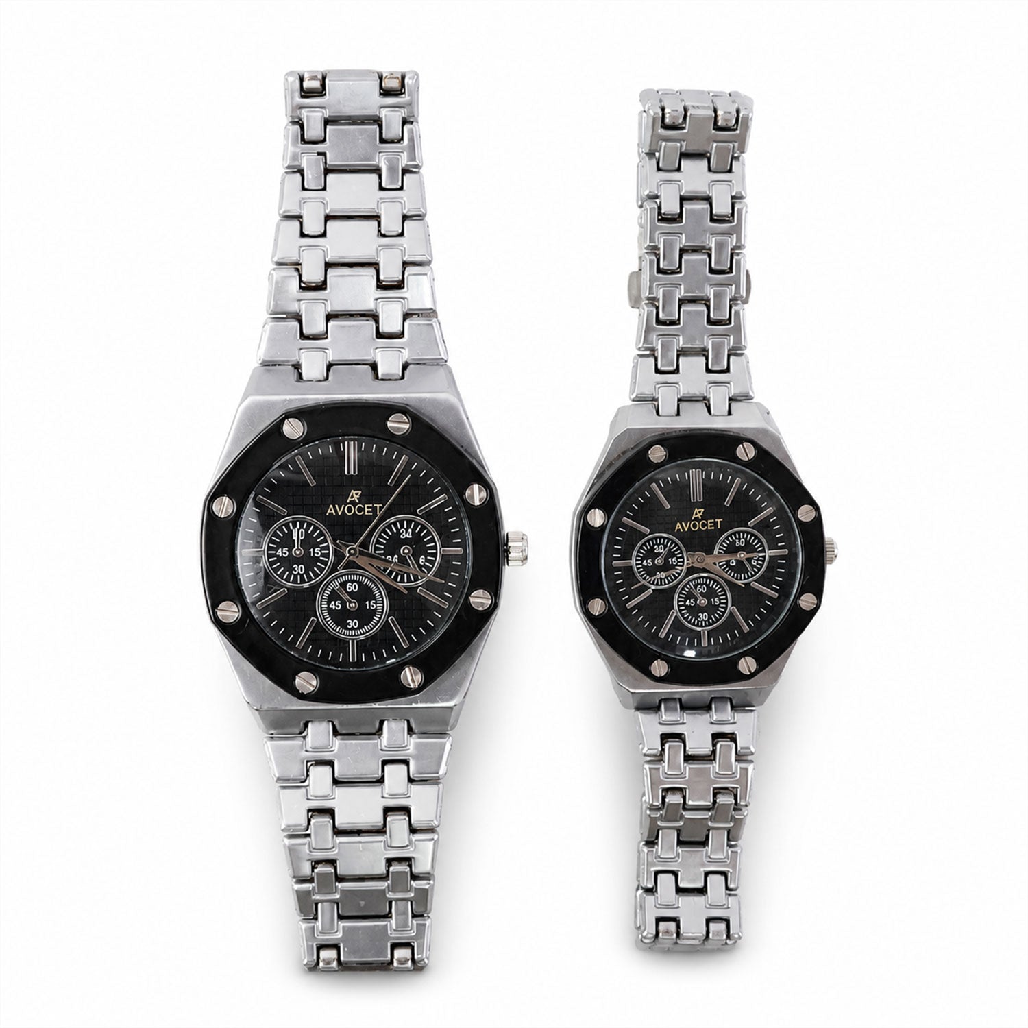 Silver Couple Watch Set with Black Dial Chronograph Style Metal Strap Design